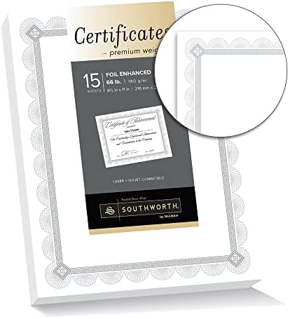 Certificados de folha de peso premium de Southworth®, 8 1/2 x 11, spiro de folha branca/prata, pacote de 15