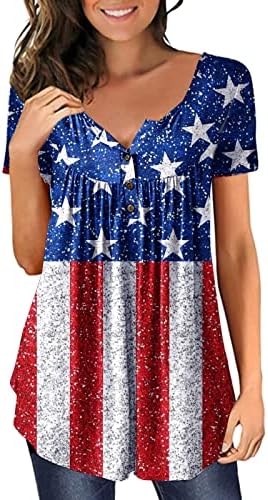 4 de julho Túdos de túnica para mulheres bandeira americana esconde-se camisetas gordas de verão Button de manga