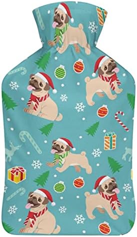 Happy Pug Dog Padrão de Natal Garrafa de água quente com tampa macia 1l grande bolsa de quente clássica para os pés