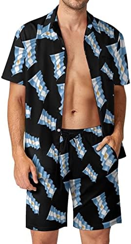 Bandeira da Argentina Men 2 Peças Hawaiian Set Button-Down Sleeve Shirts Calças de praia Faixa Fit Fit