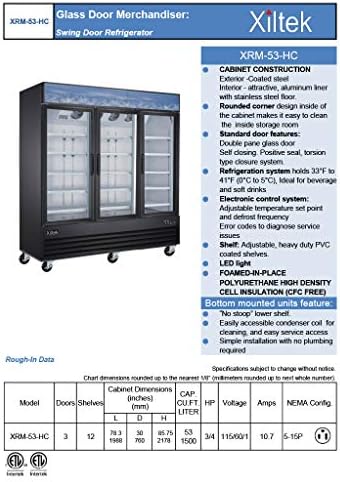 Xiltek 3 portas de vidro Comercial Merchandiser Refrigerador - Alcance vertical no refrigerador de bebidas - Exibir geladeira - 53 cu. Ft.
