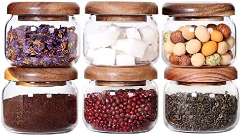 Saiool Kitchen Cosistros Conjunto de frascos de especiarias de 6-8,5 onças com tampa de acacia tampa e rótulos Round Spice