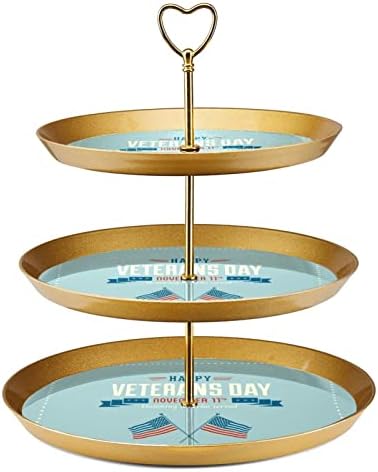 Bolo Stand Conjunto de 3 cupcake de camada Stands Plates de pastelaria reutilizáveis ​​para decorações de festas de chá de aniversário de casamento, feliz dia de veteranos