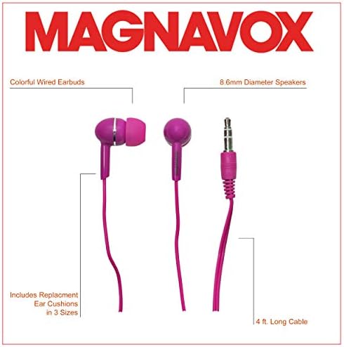 MAGNAVOX MHP4850-PK BODOS DE ARIGADOS EM PINK | Disponível em preto, azul, rosa, roxo e branco | Botões de orelha conectados | Earbudos