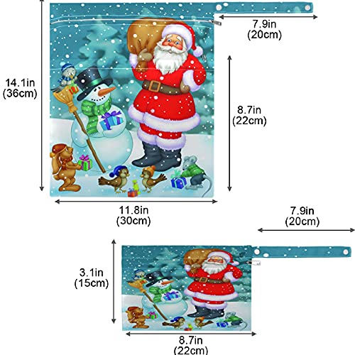 VISESUNNY Papai Noel e Snowman Snow 2pcs Saco molhado com bolsos com zíper para fraldas salateadas reutilizáveis ​​laváveis ​​para