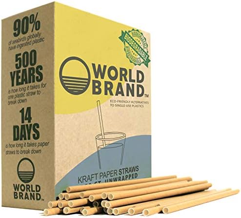 World Brand 250 Count Kraft Paper Strews - Suprimentos de festa ecológicos - canudos de bebidas biodegradáveis ​​- Plástico e tinta