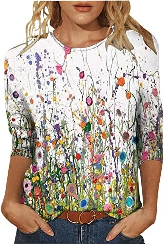 Mrgiinri feminino 2023 Tops de verão Tops de estampas florais vintage 3/4 Tshirts de manga Tie clássica Tie Dye Crewneck Logo