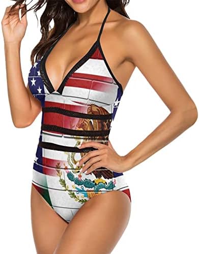 Us México Bandeira da fronteira Muralha Feminina One Piece Swimsuit V Decote Controle de Tommes Tomado de Banho Halter Swimwear