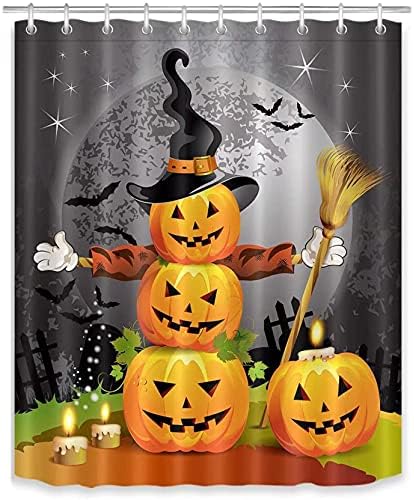 Cortina de chuveiro Detono fofo Pumpkin Homem com morcegos de vassoura fantasma de chapéu mágico, tecido de poliéster