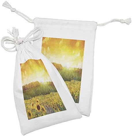 Bolsa de tecido de girassol de Ambesonne Conjunto de 2, paisagem de um campo amarelo dourado e cores distantes do