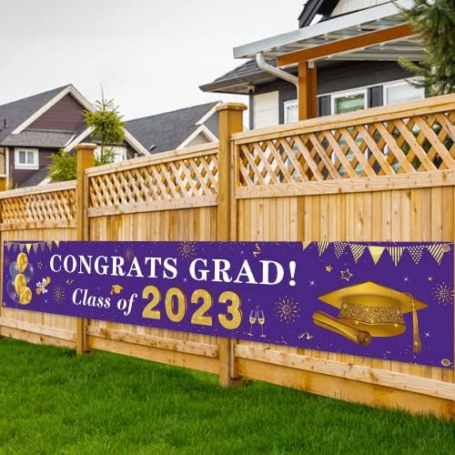 2023 Decorações de graduação parabéns Class de pós -graduação de 2023 Banner - pátio roxo e dourado Pasta -pano de fundo decorações para a festa de formatura de 2023 em interior