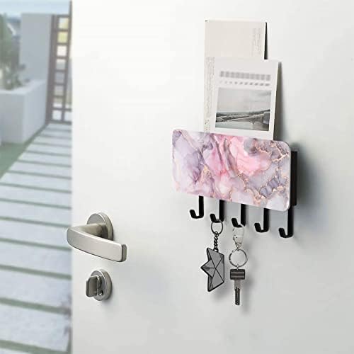 Titular de correio montado na parede Sletend Textura de mármore rosa, suporte de chave com 5 ganchos -chave, suporte para