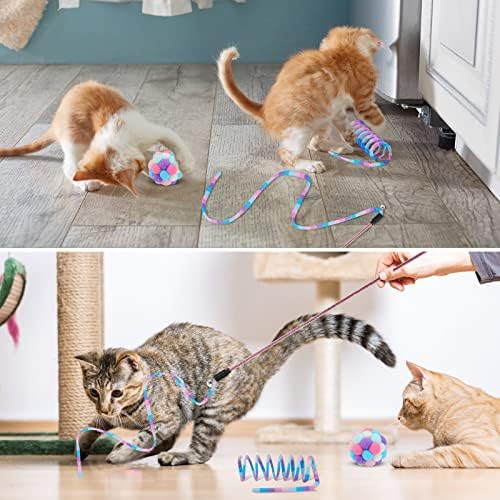 Tusatiy Cat Toys 3pack, gato de gato Toy Toy Cat bolas difusas com sinos e molas de gato, brinquedos de gatos interativos em cores arco -íris para gatinhos de gatos internos