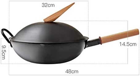 Gydcg não revestido wok-fundido de ferro fundido, woks artesanais e frigideiras de frito com alça de madeira inferior redonda non stick panela de utensílios duráveis