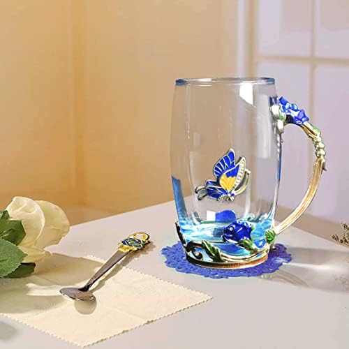 Copo de chá de vidro canecas de café com colher esmalte azul rosa artesanal colorido borboleta, presentes personalizados para
