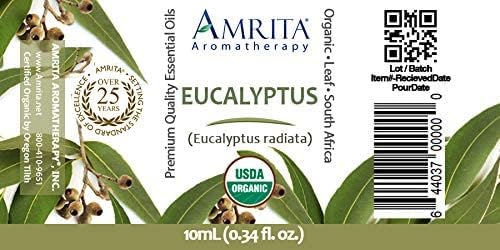 Amrita Aromaterapia Eucalipto Orgânica Radiata Óleo Essential, Eucalipto Radiata puro não diluído, grau terapêutico, óleo de