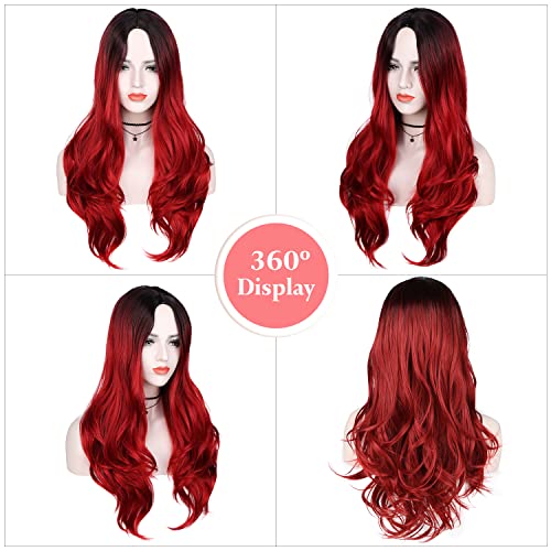 Quantum Love ombre Red Wigs Long Curly Curly Wavy Red Wig para mulheres Parte média Parte natural Red Perucas coloridas resistentes