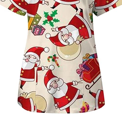 Camisas de Natal para mulheres Casual Manga curta Caminho em V uniforme de trabalho de impressão de impressão de bolso