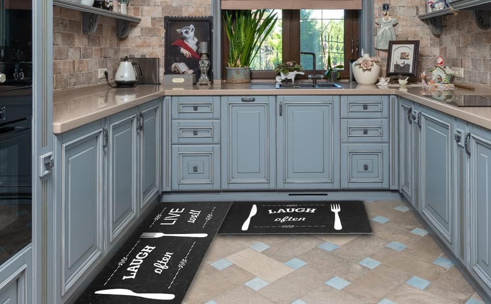 Ansukow Black Kitchen Floor Anti-fadiga, tapetes de cozinha de 2 peças conjuntos de lavagem lavável e impermeável, fácil