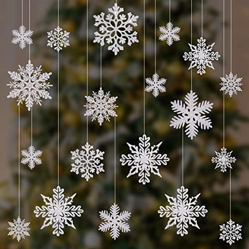 Ornamentos de floco de neve de Natal, 36 PCs Glitter Glitter Snowflakes pendurados Decoração de Natal, Plástico pendurado artesanato