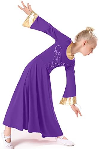 Myrisam Kids Girls Louvore Dance Robe Liturgical Color Block Bell Sleeve Rhinestone Dress Choir Loja Lyrical Long vestido