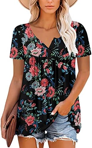 Tops estampados florais femininos de manga curta V camisa de túnica de pescoço plissado Blusa de blusa flowy top de verão