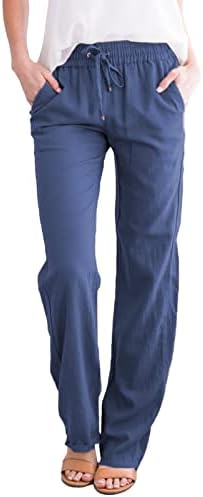 Calça de linho de etkia feminino perna larga cintura alta algodão elástico linho calça de calça de cordão com bolsos petite