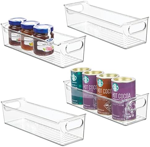 Mdesign Slim plástico de cozinha de cozinha Bins com alças - organização em despensa, gabinete, geladeira ou prateleiras de freezer - Organizador de alimentos para frutas, iogurte, espremer bolsas - 4 pacote - Limpo