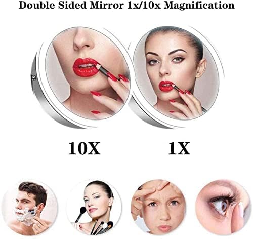 Espelho de maquiagem de montagem de parede de 8 polegadas, espelho cosmético de ampliação de 10x com luzes LED, espelho