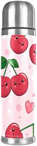 Desenho animado cereja vermelha sorriso rosa coração a vácuo isolado em aço inoxidável garrafas térmicas 16oz, garrafa de água sem vazamento reutilizável com copo, mantenha quente ou frio
