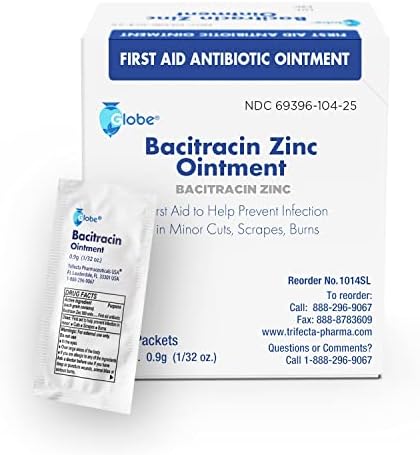 Globe Bacitracin Zinc Ointment 0,9g Pacotes únicos. Primeira pomada para prevenir e curar infecções para pequenos cortes, arranhões e queimaduras.