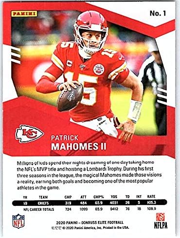 2020 Donruss Elite Football 1 Patrick Mahomes II Kansas City Chiefs NFL Trading Card de Panini America