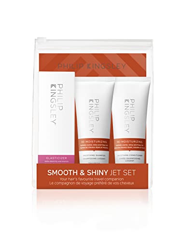 Philip Kingsley Haircare Smooth & Shiny Travel Set, shampoo e condicionador hidratante, hidrata cabelos grossos, ondulados e crespos, com máscara de cabelo de elástico para condicionamento profundo
