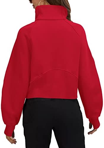 Sorto feminino Fleece alinhado Half Zipper Crop Tops Tops Funil Neck Sleeve Sweater Hole