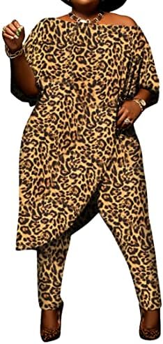 Wuitrie Duas peças roupas plus size para mulheres trajes de estampa de leopardo fora dos ombros e ternos de calça 2 peças de suor de 2 peças