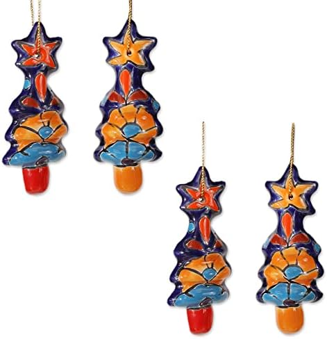 Novica Cerâmica Ornamento Talavera Árvores de Natal Conjunto de 4 ornamentos 3,1 em H x 1,3in w x 0,6in D Multicolor México Decoração