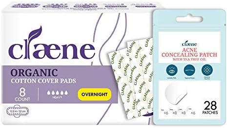 Claene Organic Cotton Capa Maxi Pads e remendos de acne, sem crueldade, almofadas durante a noite para mulheres, veganas, tratamento