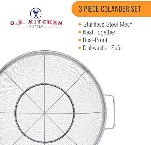 Suprimento de cozinha dos EUA - Conjunto de candidatos de 3 peças - Cestas de rede de malha de aço inoxidável com alças e base