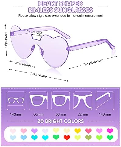 20 pares de óculos de sol sem borda em forma de coração
