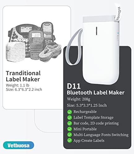 Fabricante de etiquetas Vetbuosa D11 Mini Bluetooth Maker Machine com impressora de etiqueta sem fio, usada com iOS & Android para organização de escolas domésticas de escritório, alimentada por bateria, USB recarregável, branco