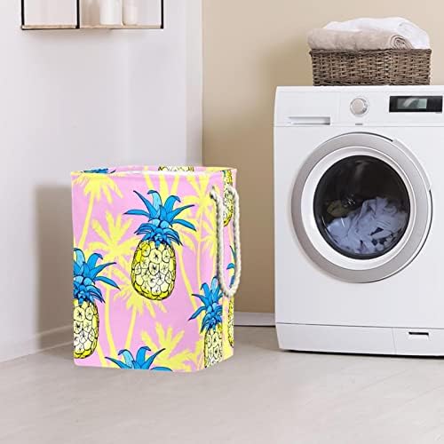 Abacaxi tropical Sacos de armazenamento de cesta de lavanderia rosa embutido com suportes destacáveis ​​cesto de roupa dobrável para brinquedos organização de roupas