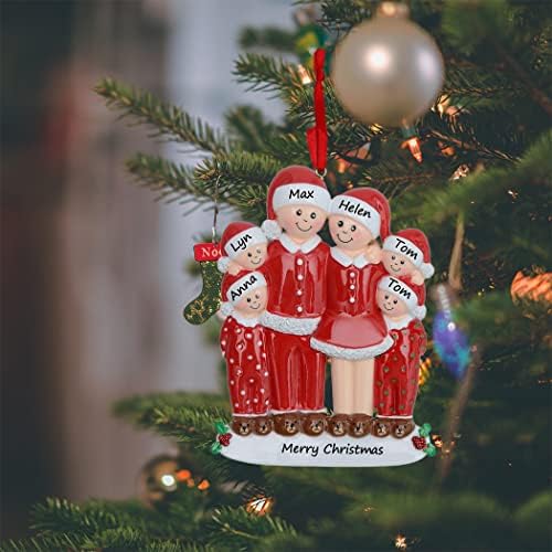 Família personalizada de 5 ornamentos de Natal de pijama - Ornamento de Natal da família 2022 - Decoração de árvore de Natal de resina durável
