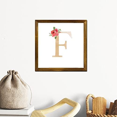 Silyheart Monogram Letter F Wood emoldurado sinal de aquarela letra dourada letra de flor de flor de floresta vermelha