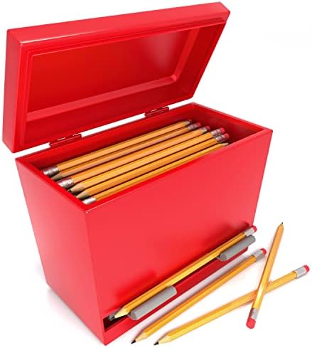 Dispensador de lápis Kiggos Dispensador de aço inoxidável vermelho para lápis com 6 lindos adesivos para dispensador de lápis de metal de decoração para professores de escritório em sala de aula professores