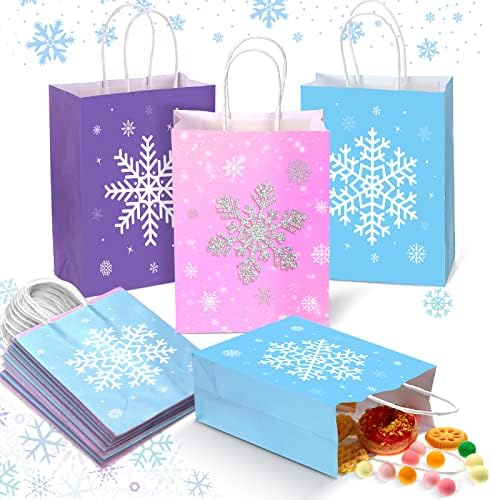 21 peças Snowflake Party Favors Bags Sacos de presente congelados de inverno Treat Goodie Bags Winter Wonderland Sacos de papel Kraft com alças para o tema do floco de neve, férias de inverno de festas de aniversário