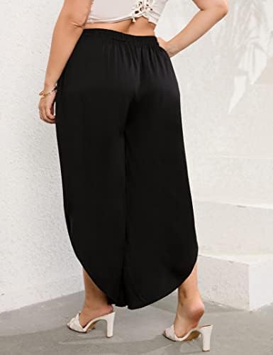Kojooin feminino plus size calça de perna largura as calças de calazzo casual da cintura elástica com bolsos
