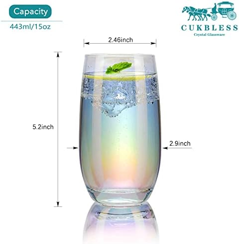 Cukbless iridescente bebendo copos de 6 - copos d'água de cristal alto - xícaras de vidro para água, suco, bebida, mojito -15 oz