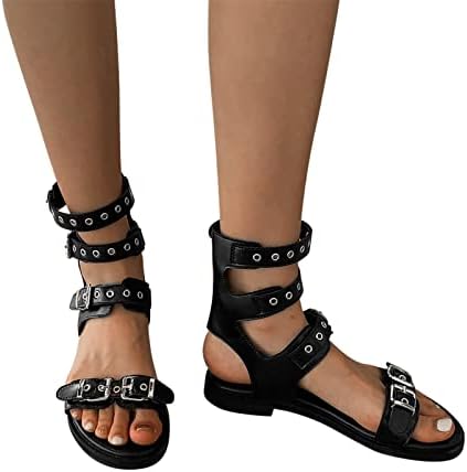 Flipers escorregadores para mulheres femininas fivela de fivela alta sandálias top top cor de couro sólido fivela plana sandálias romanas de vestido