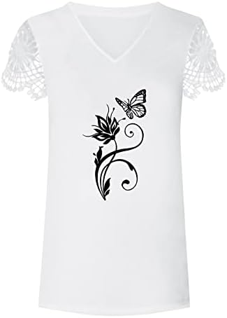 Camas femininas Tamas de luva de renda V Tops fofos para mulheres Trendy Soldy Sunflower Print Rgular Fit Tunic Tops