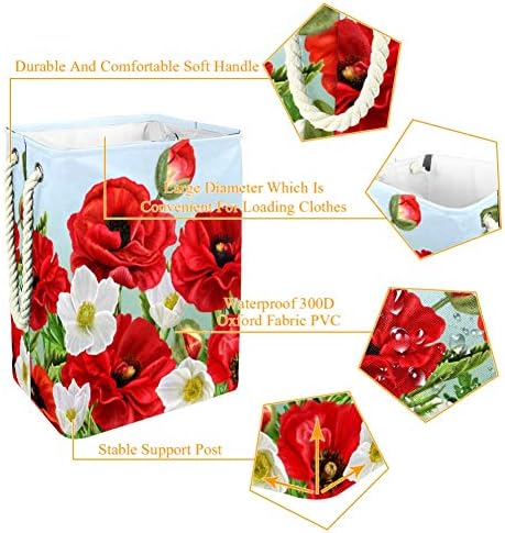 Pospies vermelhos Flores Anemonas brancas 300d Oxford PVC Roupas impermeáveis ​​cestas de roupas grandes para cobertores Toys de roupas no quarto